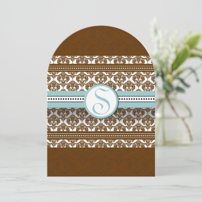 Faire-part de mariage Brown Damask Aqua Blue Trim (Debout devant)