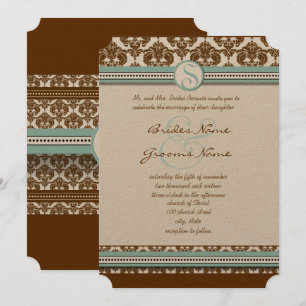 Faire-part de mariage Brown Damask Aqua Blue Trim