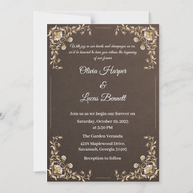 Faire-part de mariage Brown et or de luxe (Recto)