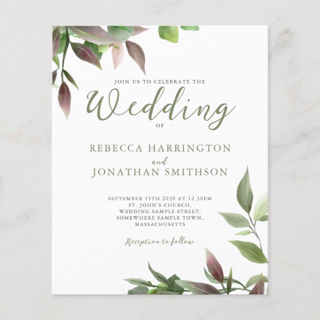 Faire-part de mariage budgétaire de la feuille ver (Devant)