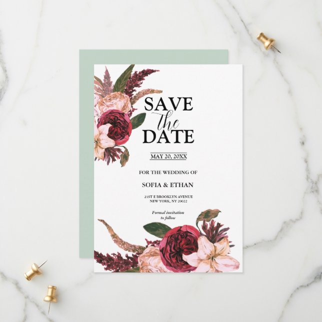 Faire-part de mariage Burgundy Sangria Wedding (Devant/Arrière en situation)