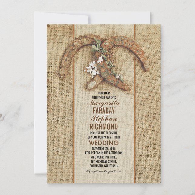 Faire-part de mariage Burlap rustique avec fer à c (Devant)