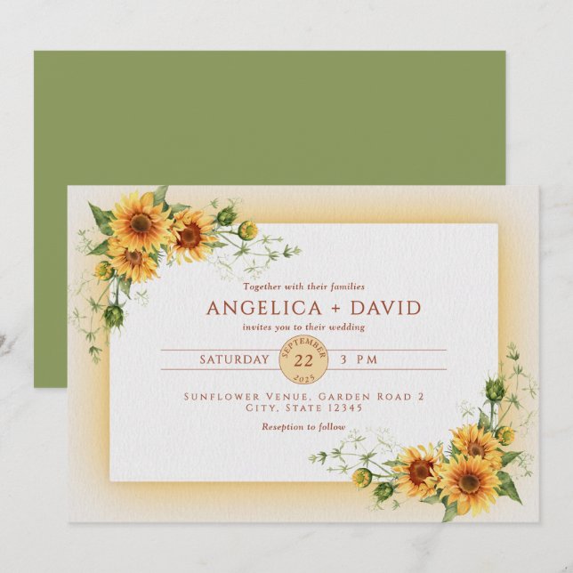 Faire-part de mariage cadre tournesol (Devant / Derrière)