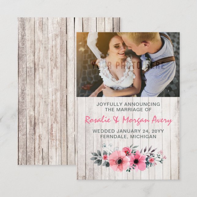 Faire-part de Mariage campagnard Floral en bois ru (Devant / Derrière)