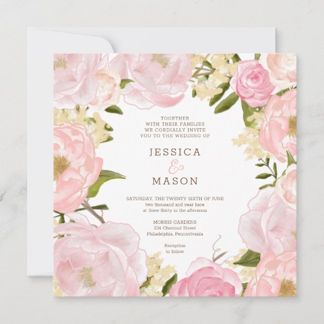 Faire-part de mariage carré Pink Floral Peonies (Devant)