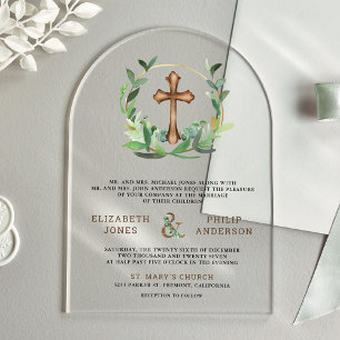 Faire-part de mariage catholique croix en bois d'e