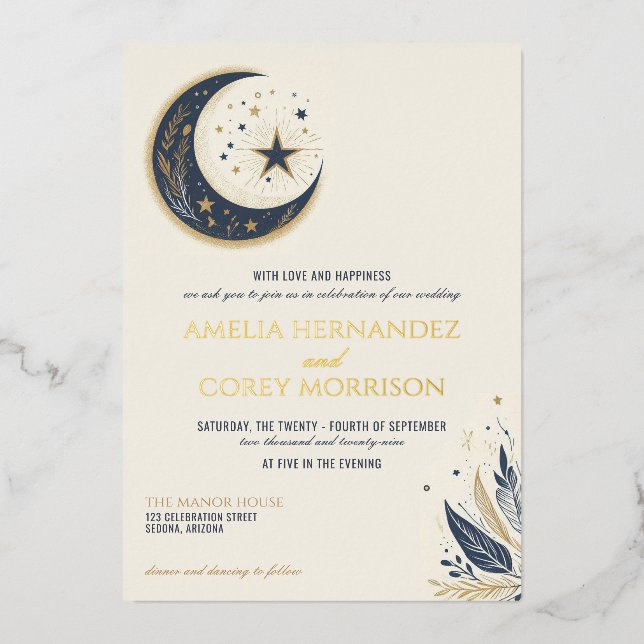 Faire-part de mariage céleste bleu et or (Recto)