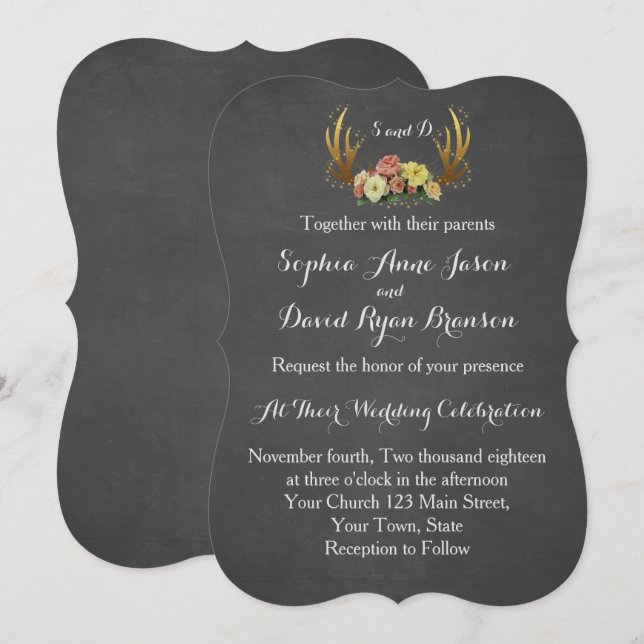 Faire-part de mariage | Chalk floral unique Antler (Devant / Derrière)