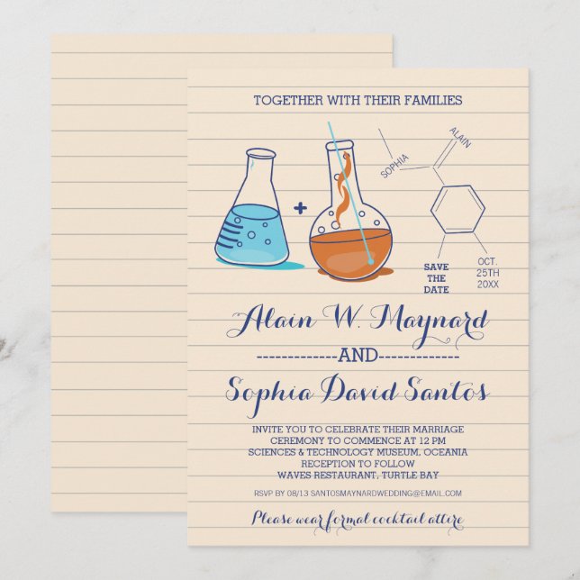 Faire-part de mariage chimie bleu et orange (Devant / Derrière)