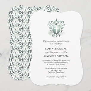 Faire-part de mariage chrétien à crête vert sauge