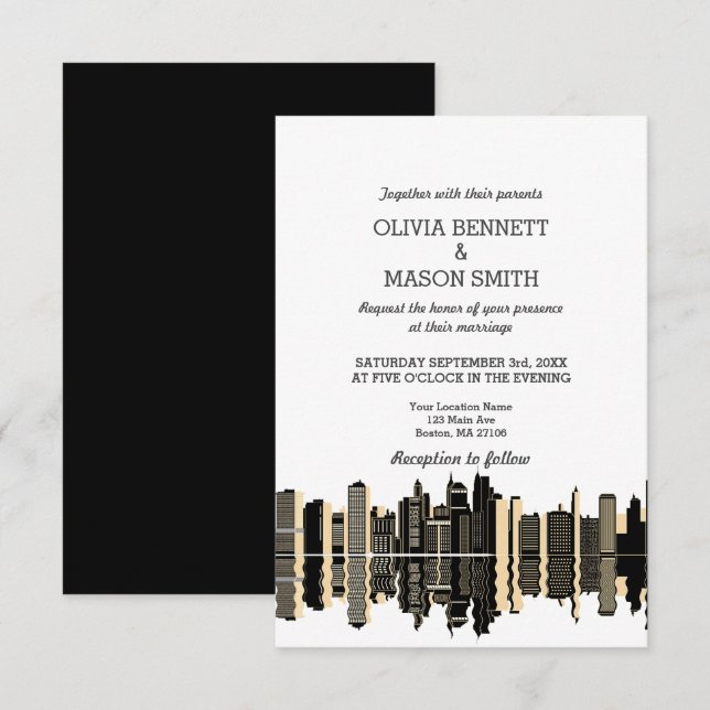 Faire-part de mariage Cityscape de Boston Ma Skyli (Devant / Derrière)