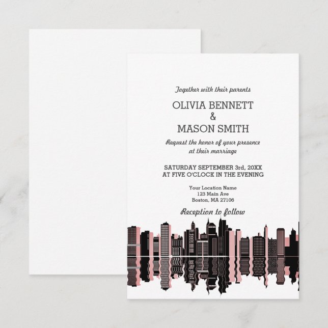 Faire-part de mariage Cityscape de Boston Ma Skyli (Devant / Derrière)