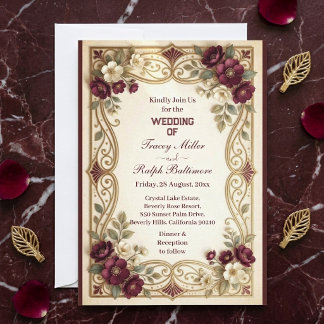 Faire-part de mariage classique aux roses bordeaux