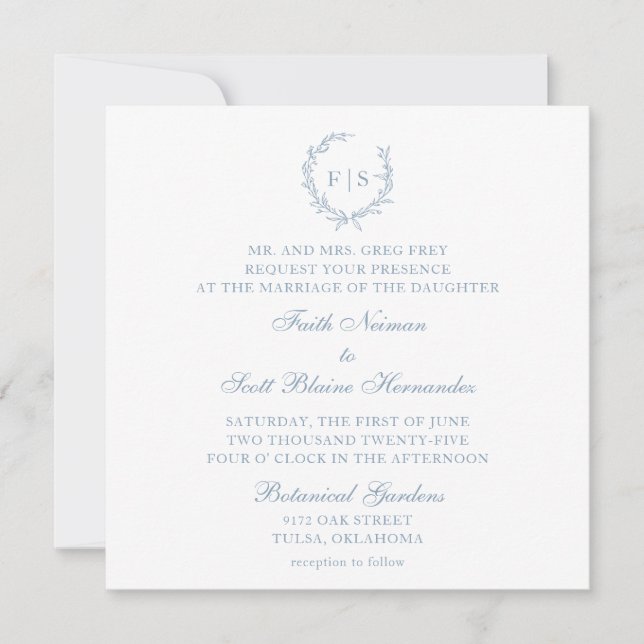 Faire-part de mariage classique de couronne bleu c (Devant)