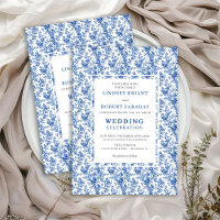 Faire-part de mariage classique floral toile bleue