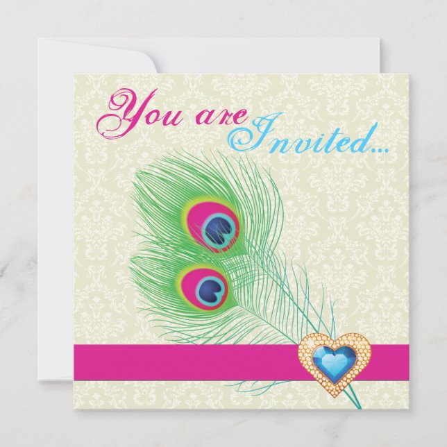 Faire-part de mariage coeur de bijoux en plumes de (Devant)