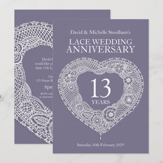 Faire-part de mariage coeur en dentelle 13 ans (Devant / Derrière)