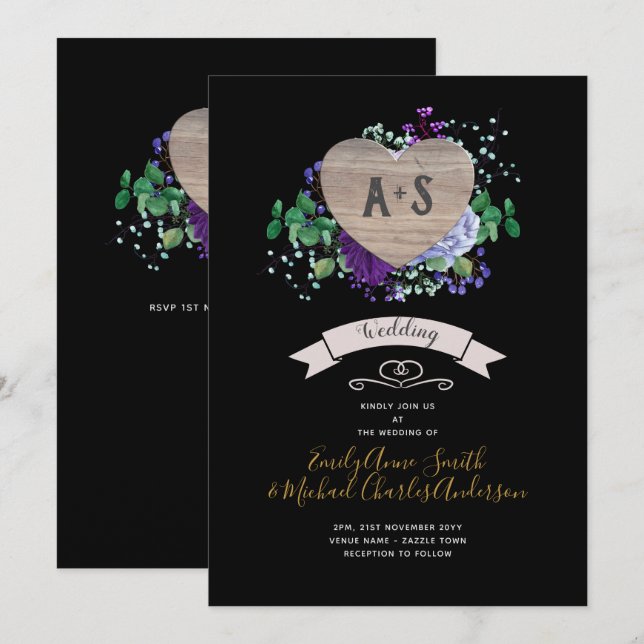 Faire-part de mariage Cœur Éternel Fleurs noires e (Devant / Derrière)