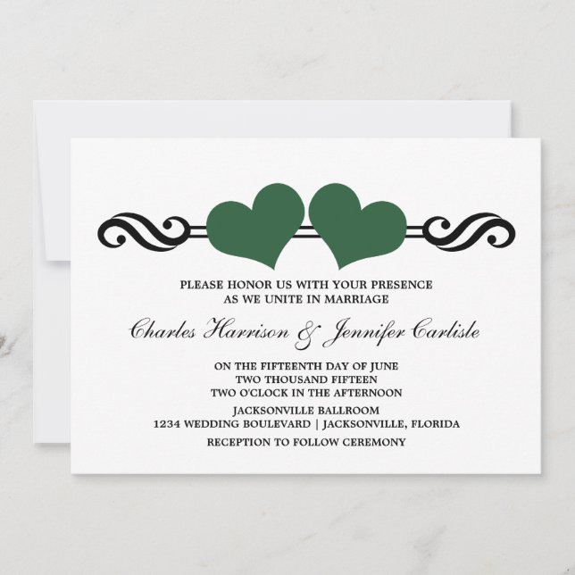 Faire-part de mariage Coeurs Élégants, Vert (Devant)