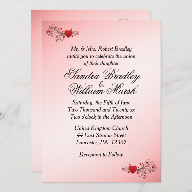 Faire-part de mariage Coeurs romantiques (Devant / Derrière)