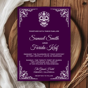 Faire-part de mariage crâne en sucre violet et bla