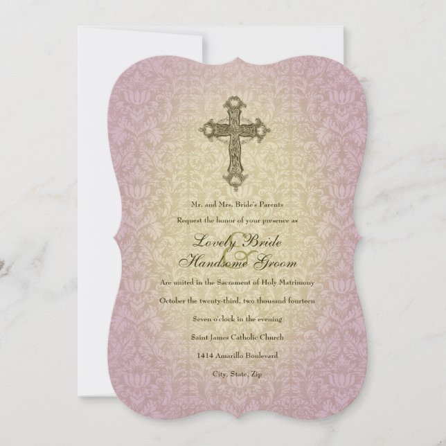 Faire-part de mariage croisé catholique rougeoyant (Devant)