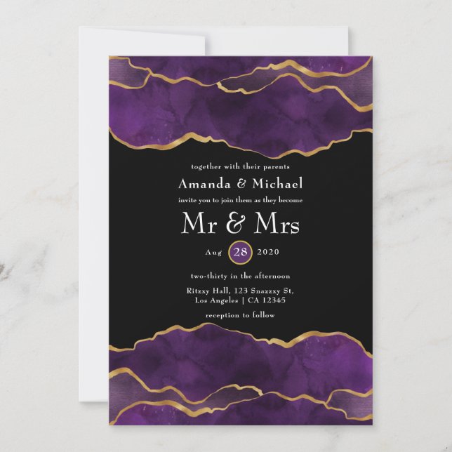 Faire-part de mariage d'âge mauve et or (Devant)