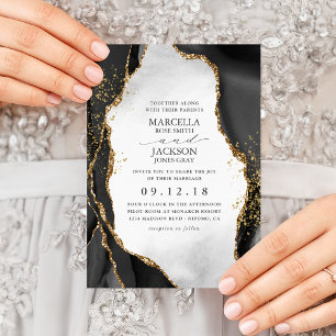 Faire-part de mariage d'agrafage noir, or et gris