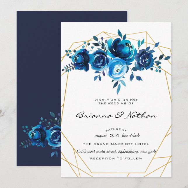 Faire-part de mariage d'albâtre bleu géométrique (Devant / Derrière)