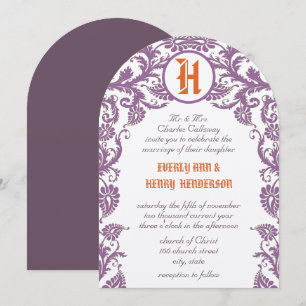 Faire-part de mariage damassé à monogramme Orange