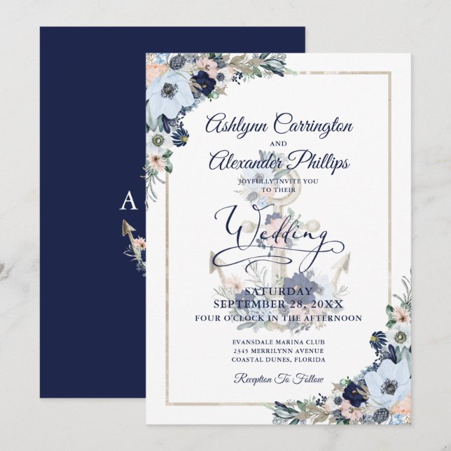 Faire-part de mariage d'Ancre florale élégant (Devant / Derrière)