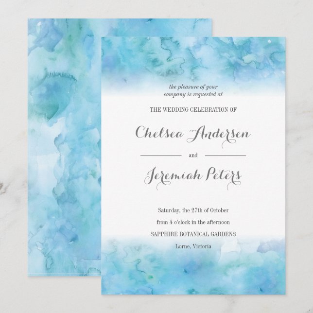 Faire-part de mariage d'aquarelle bleu Aquamarine (Devant / Derrière)