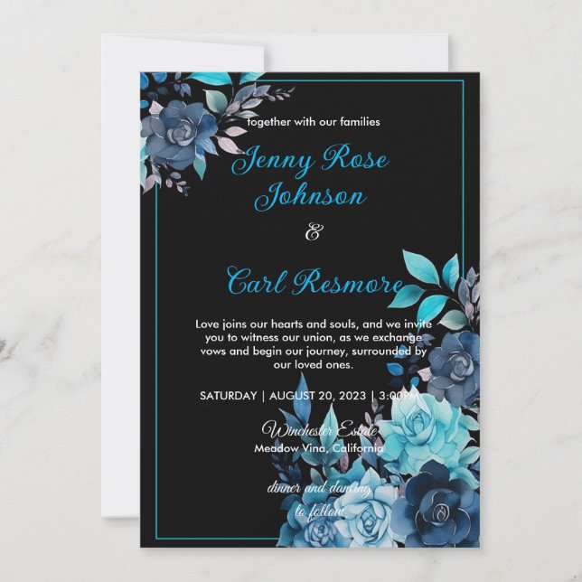 Faire-part de mariage d'aquarelle bleu Rose (Devant)