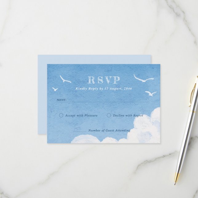Faire-part de mariage d'aquarelle ciel bleu clair (Devant/Arrière en situation)