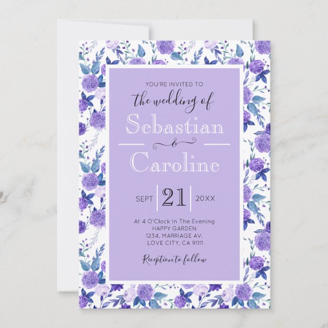 Faire-part de mariage d'aquarelle mignonne violet (Devant)