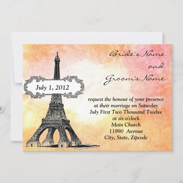 Faire-part de mariage d'aquarelle parisien (Devant)