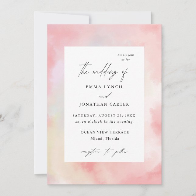 Faire-part de mariage d'aquarelle rose vif moderne (Devant)