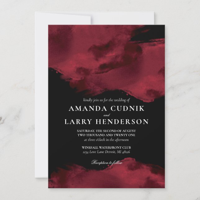 Faire-part de mariage d'aquarelle rouge romantique (Devant)