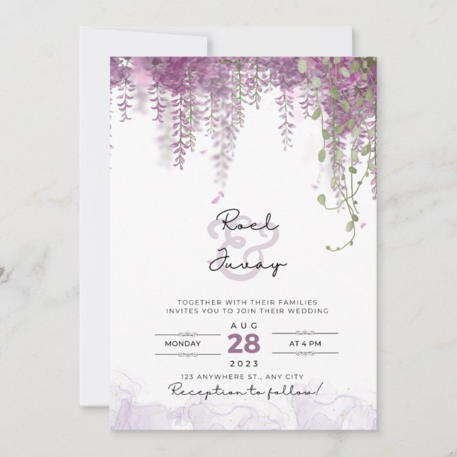 Faire-part de mariage d'aquarelle violet élégant (Devant)