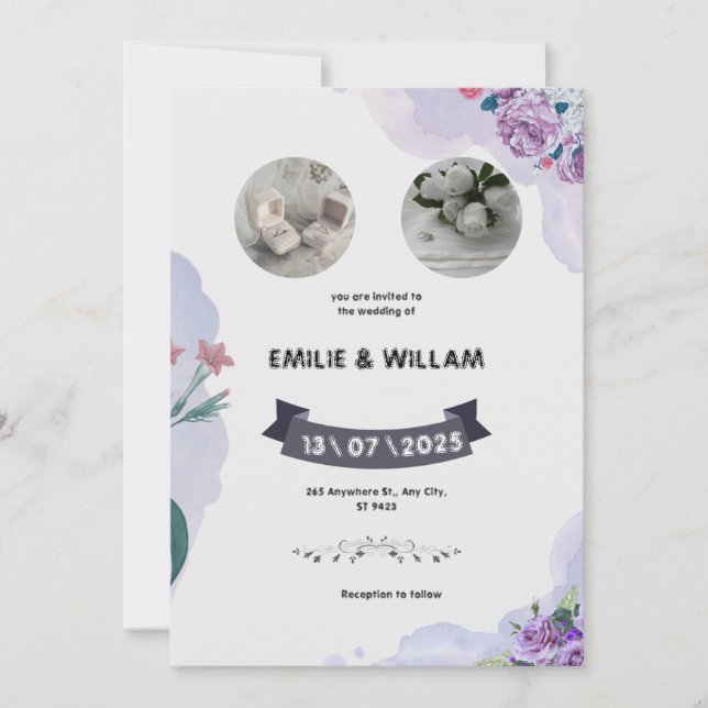 Faire-part de mariage d'aquarelle violet et blanc (Devant)