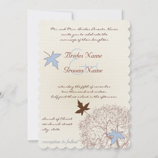 Faire-part de mariage d'arbre bleu et Brown (Dos)