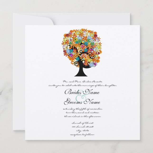 Faire-part de mariage d'arbre d'amour à fleurs mul (Devant)