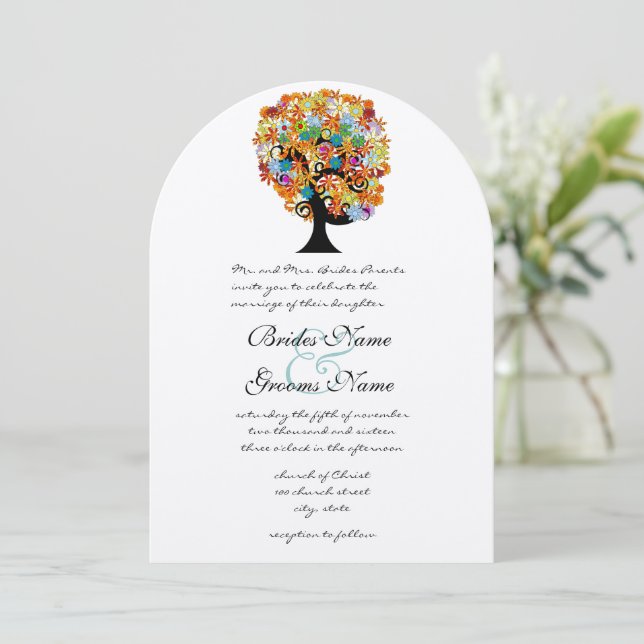 Faire-part de mariage d'arbre d'amour à fleurs mul (Debout devant)
