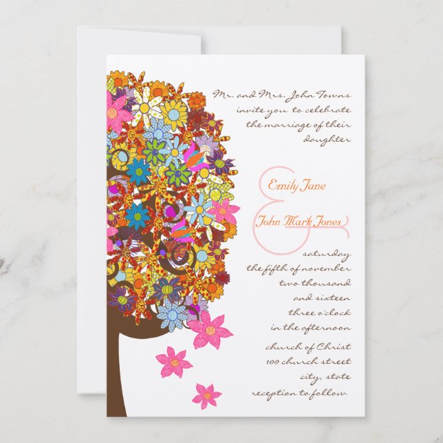 Faire-part de mariage d'arbre d'amour à fleurs mul (Devant)
