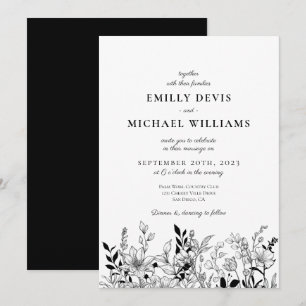Faire-part de mariage d'art floral noir et blanc