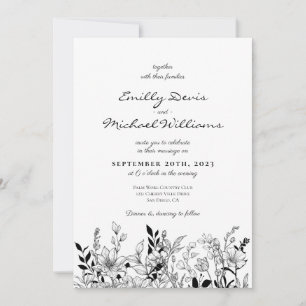 Faire-part de mariage d'art floral noir et blanc