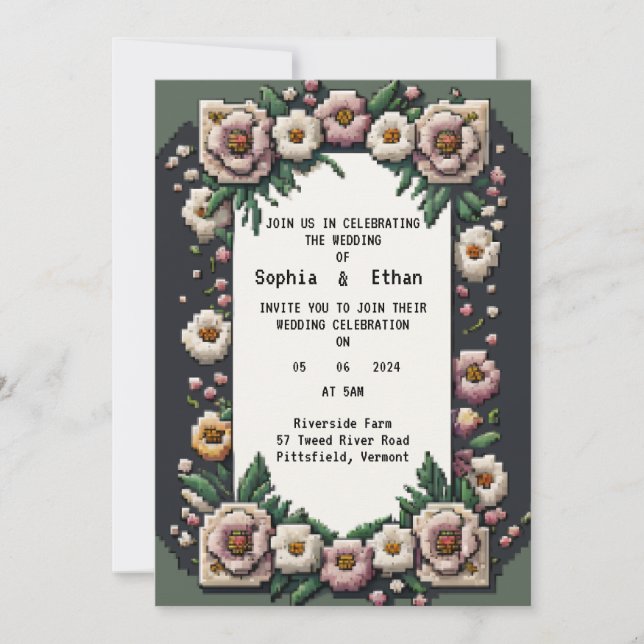 Faire-part de mariage d'art Pixel à fleurs (Devant)
