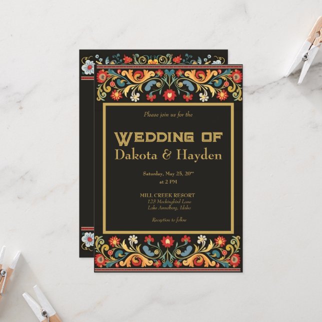 Faire-part de mariage d'art populaire foncé, écrit (Devant/Arrière en situation)