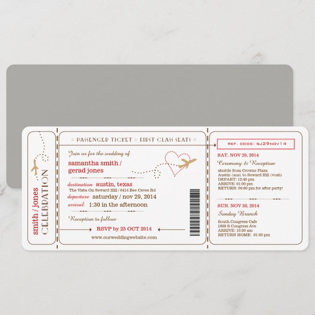 Faire-part de mariage de billet de carte d'embarqu (Devant / Derrière)