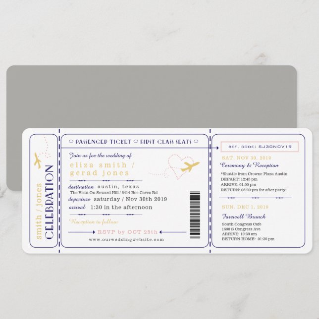 Faire-part de mariage de billet de la carte d'emba (Devant / Derrière)